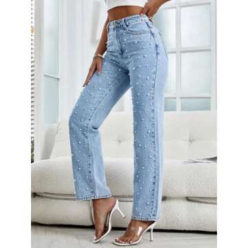 Kedera Women Pearls Beaded Flare Leg Jeans Loose Fit Non-Stretch Casual Straight Jeans Denim Trousers