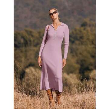 MEROKEETY Sweater Dress for Women Fall Button Down Collared Cozy Knit Solid Bodycon Cocktail Dresses, Purple, L