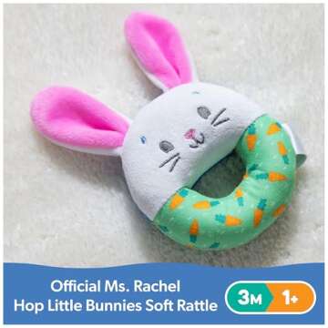 Ms. Rachel Official Hop Little Bunnies Soft Rattle Toy, Baby Teething Toys with Plush Bunny Cover, T...