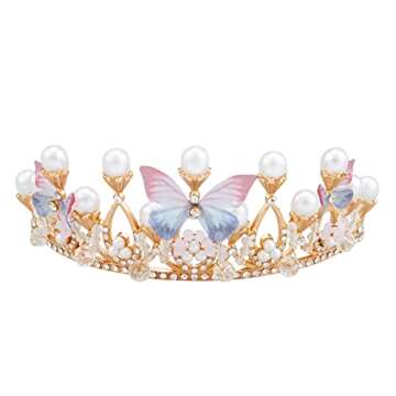Vofler Flower Girl Crown, Princess Butterfly Tiara - Gold Crystal Rhinestone Pearl Headband for Kids Women Adults Birthday Wedding Quinceanera Pageant Prom Homecoming Halloween Mermaid Costume Party