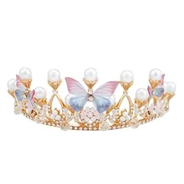 Vofler Flower Girl Crown, Princess Butterfly Tiara - Gold Crystal Rhinestone Pearl Headband for Kids Women Adults Birthday Wedding Quinceanera Pageant Prom Homecoming Halloween Mermaid Costume Party