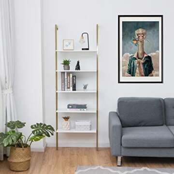 Tangkula 5-Shelf Bookcase, Modern 5-Tier Wood Wall Mounted Ladder Bookshelf with Metal Frame, 72 Inc...