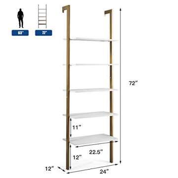 Tangkula 5-Shelf Bookcase, Modern 5-Tier Wood Wall Mounted Ladder Bookshelf with Metal Frame, 72 Inches Tall Industrial Open Ladder Shelf Display Rack Storage Shelves for Home Office (Bronze, 1)
