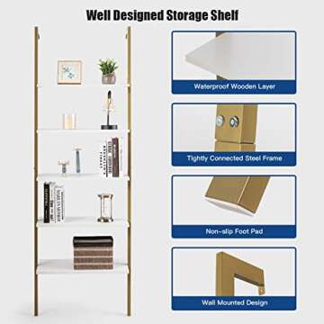 Tangkula 5-Shelf Bookcase, Modern 5-Tier Wood Wall Mounted Ladder Bookshelf with Metal Frame, 72 Inches Tall Industrial Open Ladder Shelf Display Rack Storage Shelves for Home Office (Bronze, 1)