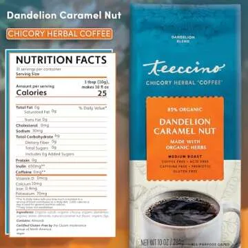 Teeccino Dandelion Caramel Nut Herbal Coffee - Caffeine-Free, Prebiotic Coffee Alternative, 10 oz