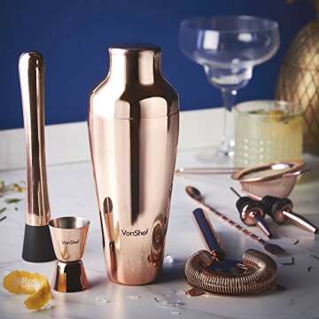 VonShef Premium Parisian Cocktail Shaker Barware Set in Gift Box with Recipe Guide, Cocktail Strainers, Twisted Bar Spoon, Jigger, Muddler and Pourers, Copper, 9 Piece