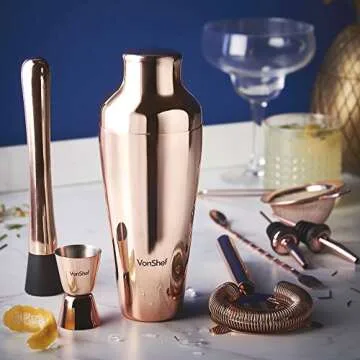 VonShef Premium Parisian Cocktail Shaker Barware Set in Gift Box with Recipe Guide, Cocktail Strainers, Twisted Bar Spoon, Jigger, Muddler and Pourers, Copper, 9 Piece
