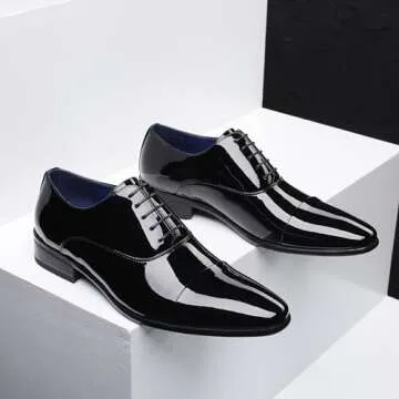 DECARSDZ Mens Faux Patent Leather Classic Lace-up Formal Oxford Tuxedo Dress Shoes Men Wedding Shoe Black