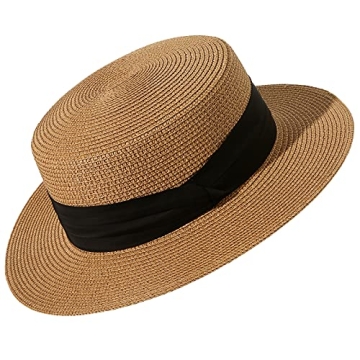 Lanzom Sun Hats for Women Wide Brim Straw Boater Hat Foldable Packable Beach Hat for Summer (Khaki, ...