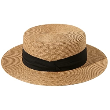 Lanzom Sun Hats for Women Wide Brim Straw Boater Hat Foldable Packable Beach Hat for Summer (Khaki, Medium)