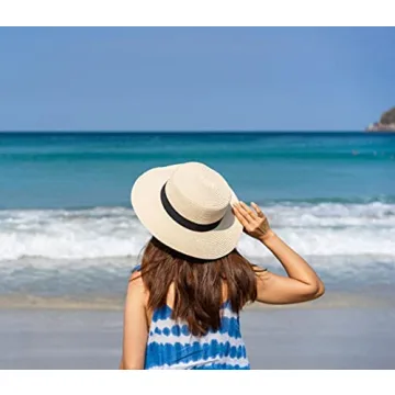 Lanzom Sun Hats for Women Wide Brim Straw Boater Hat Foldable Packable Beach Hat for Summer (Khaki, Medium)