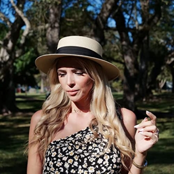 Lanzom Sun Hats for Women Wide Brim Straw Boater Hat Foldable Packable Beach Hat for Summer (Khaki, Medium)