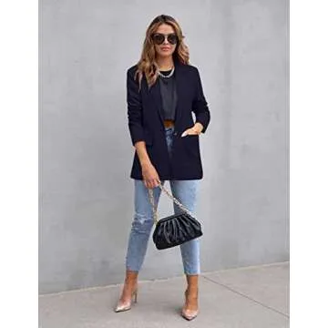CRAZY GRID Womens Casual Blazer Long Sleeve Business Suit Jacket Open Front Button Work Office Blazer Jacket Fashion Dressy Ladies Blazer Dark Blue Size Medium