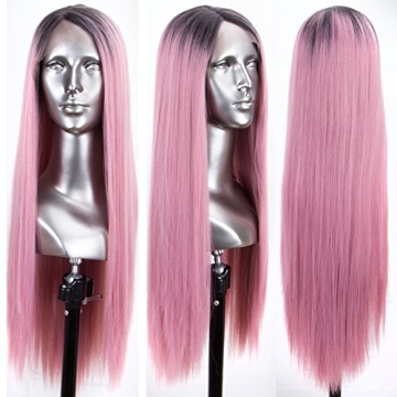 Persephone Glueless L Part Pink Lace Front Wig Ombre Dark Roots 24 Inches Long