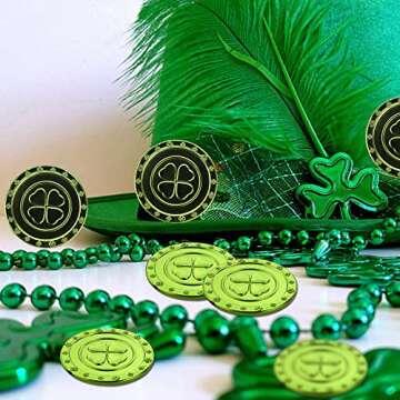 AEVBSOY 100 Pcs St. Patrick's Day Coins Shamrock Coins Lucky Saint Patrick's Day CoinsTable Sprinkles Table Scatter Decoration Coins Green Plastic Embossed 4 Leafs Coins Party Favor Supplies