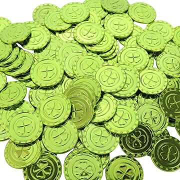 AEVBSOY 100 Pcs St. Patrick's Day Coins Shamrock Coins Lucky Saint Patrick's Day CoinsTable Sprinkles Table Scatter Decoration Coins Green Plastic Embossed 4 Leafs Coins Party Favor Supplies