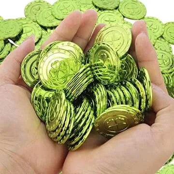 AEVBSOY 100 Pcs St. Patrick's Day Coins Shamrock Coins Lucky Saint Patrick's Day CoinsTable Sprinkles Table Scatter Decoration Coins Green Plastic Embossed 4 Leafs Coins Party Favor Supplies