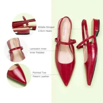 C.Paravano Women's Slingback Flats | Pointed Toe Flats Sandals | Ankle Strap Slingback Shoes | Comfort Leather Slip on Shoes | Casual Dress Shoes (Size 7.5, Red)