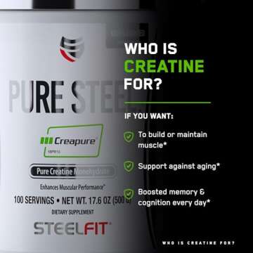 SteelFit Creapure Creatine Monohydrate Powder, Unflavored - German Micronized Creatine Powder for Me...