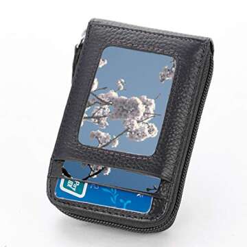 BAKUN Premium Leather Slim Zipper Business/Credit Card Wallet Case Holder with Clear Photo Slot, Sec...