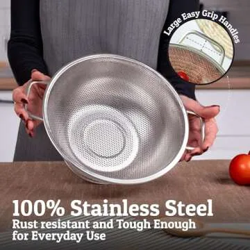 PriorityChef Colander, Stainless Steel Kitchen Strainer For Washing Rice, Pasta And Small Grains, 3.5 Quart