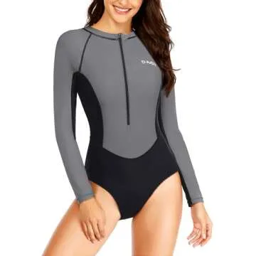 Daci Women Gray and Black Rash Guard Long Sleeve One Piece Swimsuit Zipper Surfing Bathing Suit UPF 50 L