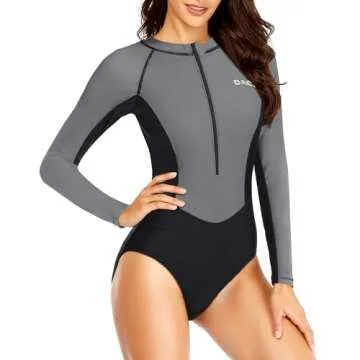 Daci Women Gray and Black Rash Guard Long Sleeve One Piece Swimsuit Zipper Surfing Bathing Suit UPF 50 L