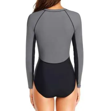 Daci Women Gray and Black Rash Guard Long Sleeve One Piece Swimsuit Zipper Surfing Bathing Suit UPF 50 L