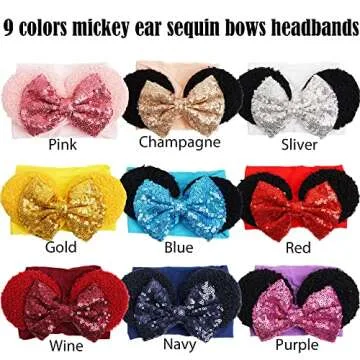 CellElection 9 Pack Mouse Ears Sequin Headbands 6Inch Large Big Sparkly Glitter Sequin Hair Bows Soft Nylon Hairbands Hair Accessories for Baby Girls Newborns Infants Toddlers Babies…