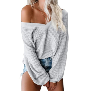 ReachMe Women's Oversized Off Shoulder Waffle Knit Top - Light Grey