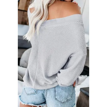 Oversized Off Shoulder Waffle Knit Top Light Grey
