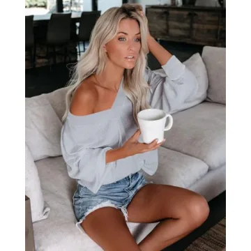 Oversized Off Shoulder Waffle Knit Top Light Grey