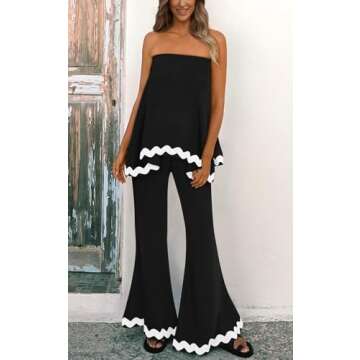 PRETTYGARDEN Women's 2024 Casual Off Shoulder Strapless Cute Lounge Sets for Women 2 Piece Outfits for Women Summer Pants (Black,Medium)
