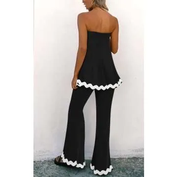 PRETTYGARDEN Women's 2024 Casual Off Shoulder Strapless Cute Lounge Sets for Women 2 Piece Outfits for Women Summer Pants (Black,Medium)