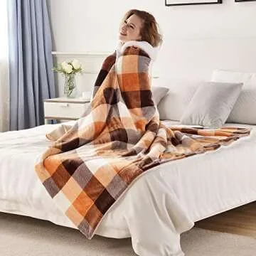 SOCHOW Buffalo Plaid Sherpa Fleece Throw Blanket, Double-Sided Checkered Super Soft Luxurious Bedding Blanket 60 x 80 inches, Orange