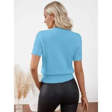 Libsorge Womens Lightweight Short Sleeve Sweaters Spring Summer 2025 Clothing Trendy Business Casual Dressy Teacher Outfits Cropped Ribbed Knit Crew Neck T Shirt Sweater Blouse Tops Blue L