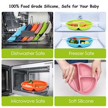 KingKam Kids Divided Plates -100% Safe BPA Free Soft Silicone Baby Toddler Plate, Dishwasher-Microwave Safe & Unbreakable Feeding set