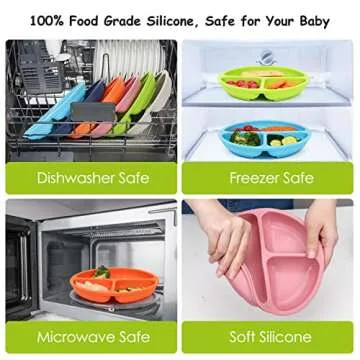 KingKam Kids Divided Plates -100% Safe BPA Free Soft Silicone Baby Toddler Plate, Dishwasher-Microwave Safe & Unbreakable Feeding set