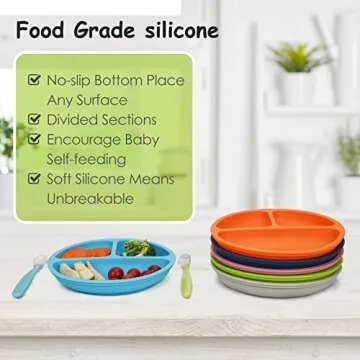 KingKam Kids Divided Plates -100% Safe BPA Free Soft Silicone Baby Toddler Plate, Dishwasher-Microwave Safe & Unbreakable Feeding set