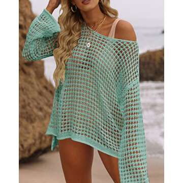 ZESICA Women's Summer Crochet Hollow Out Long Sleeve Beach Bikini Swimsuit Mesh Cover Up Tunic Top,M...