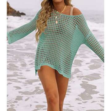 ZESICA Women's Summer Crochet Hollow Out Long Sleeve Beach Bikini Swimsuit Mesh Cover Up Tunic Top,Mint,Large