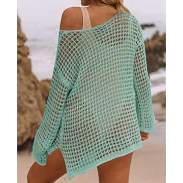 ZESICA Women's Summer Crochet Hollow Out Long Sleeve Beach Bikini Swimsuit Mesh Cover Up Tunic Top,Mint,Large
