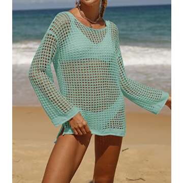 ZESICA Women's Summer Crochet Hollow Out Long Sleeve Beach Bikini Swimsuit Mesh Cover Up Tunic Top,Mint,Large