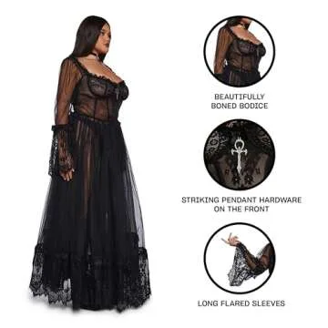 Dolls Kill Dance with Death Sleeveless Maxi Dress by Widow – Gothic Style with Sheer Mesh, Lace Trim, Bustier Bodice and Adjustable Straps - Black, XX-Small