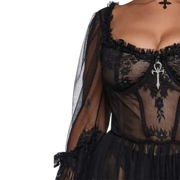 Dolls Kill Dance with Death Sleeveless Maxi Dress by Widow – Gothic Style with Sheer Mesh, Lace Trim, Bustier Bodice and Adjustable Straps - Black, XX-Small