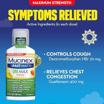 Mucinex Fast-Max Maximum Strength DM MAX, Symptom Relief, Cough Suppressant and Expectorant, Honey & Berry Flavor, 6 FL OZ