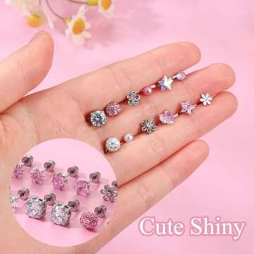 SAILIMUE 12 Pairs Hypoallergenic Screw Back Earrings for Women Girls Surgical Steel Cute Heart CZ Flower Pearl Ball Tiny Screwback Stud Earring