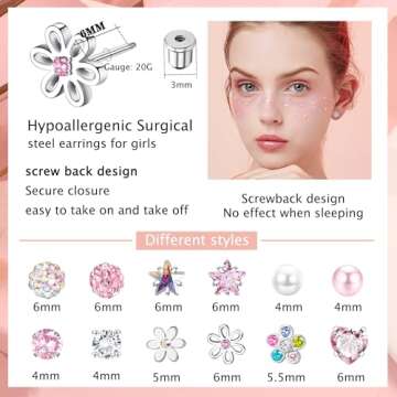 SAILIMUE 12 Pairs Hypoallergenic Screw Back Earrings for Women Girls Surgical Steel Cute Heart CZ Flower Pearl Ball Tiny Screwback Stud Earring