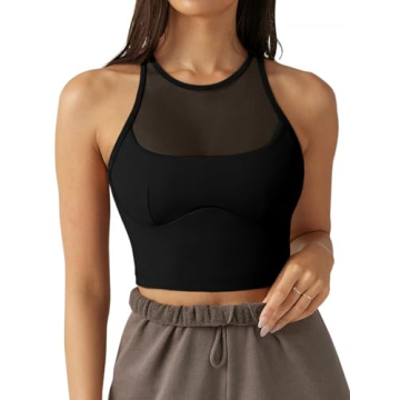 LASLULU Womens Sports Bras Workout Athletic Tops Sleeveless Mesh Sheer High Support Running Fitness ...