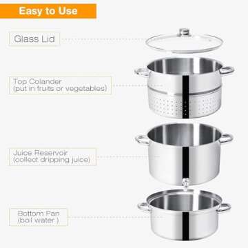 LDAILY 11 Quart Steam Juicer, 3-Layer Steam Juice Extractor, Fruit Vegetable Steamer w/Tempered Glass Lid, Hose, Clamp, Loop Handles, Stainless Steel Steamer Pot Cookware for Making Juice/Jelly/Pasta